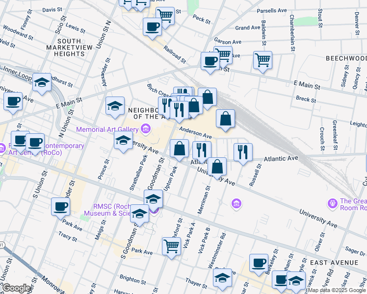 map of restaurants, bars, coffee shops, grocery stores, and more near 25 Beacon Street in Rochester