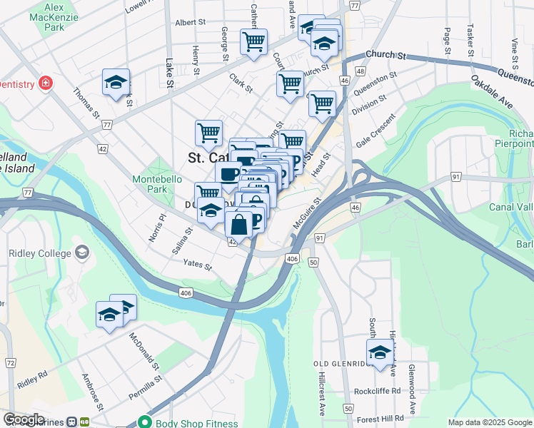 map of restaurants, bars, coffee shops, grocery stores, and more near in St. Catharines