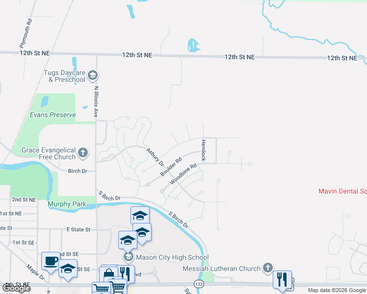 map of restaurants, bars, coffee shops, grocery stores, and more near 220 Boulder Road in Mason City