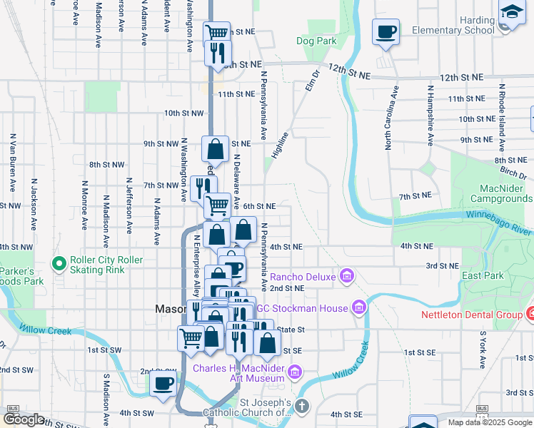 map of restaurants, bars, coffee shops, grocery stores, and more near 130 5th Street Northeast in Mason City