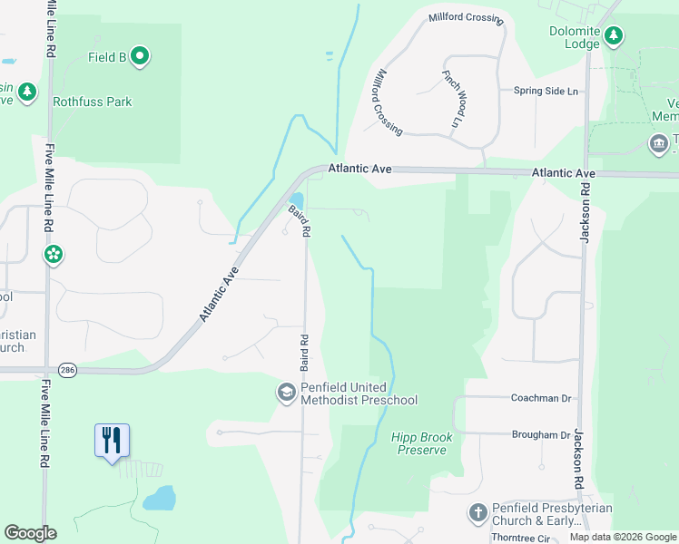map of restaurants, bars, coffee shops, grocery stores, and more near 1750 Baird Road in Penfield