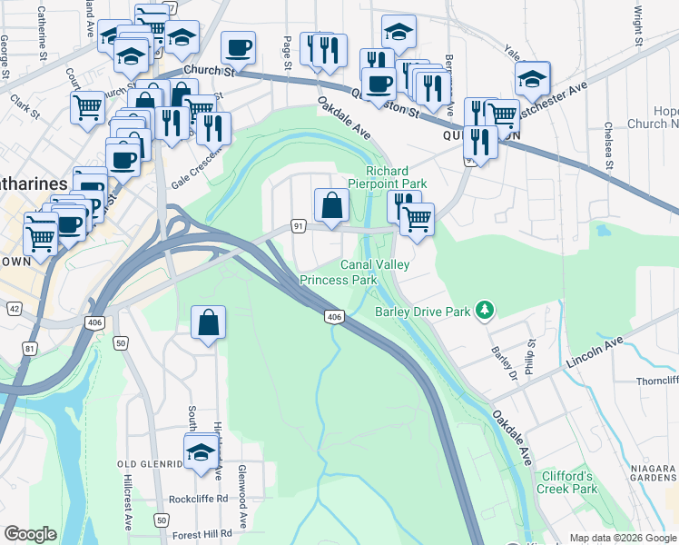 map of restaurants, bars, coffee shops, grocery stores, and more near 4 Melbourne Avenue in St. Catharines