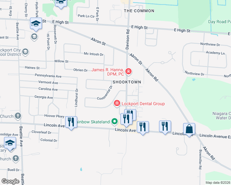 map of restaurants, bars, coffee shops, grocery stores, and more near 295 Continental Drive in Lockport