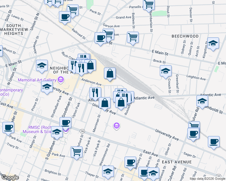 map of restaurants, bars, coffee shops, grocery stores, and more near 5 Fairmount Street in Rochester