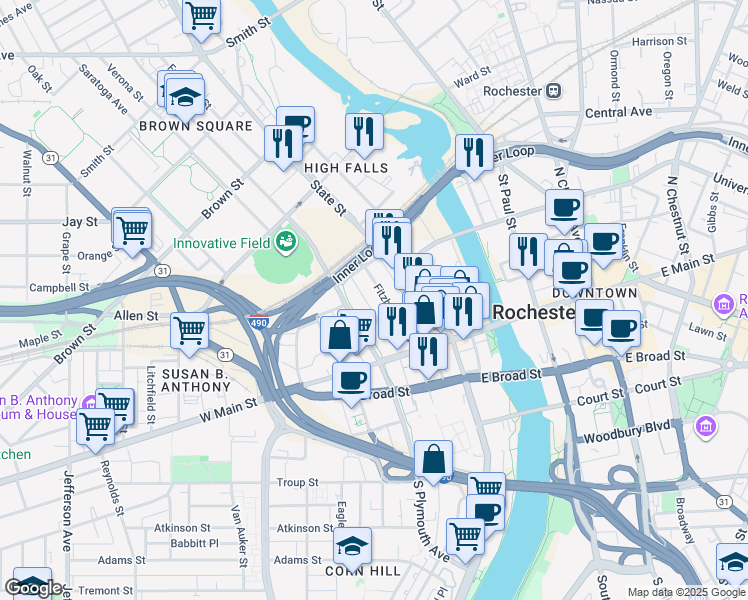 map of restaurants, bars, coffee shops, grocery stores, and more near 90 Plymouth Avenue in Rochester