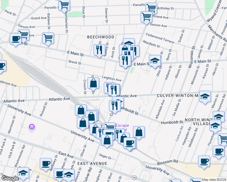 map of restaurants, bars, coffee shops, grocery stores, and more near 647 Culver Road in Rochester
