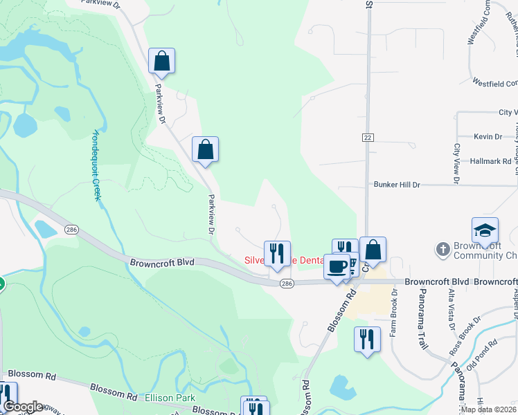 map of restaurants, bars, coffee shops, grocery stores, and more near 93 White Village Drive in Rochester