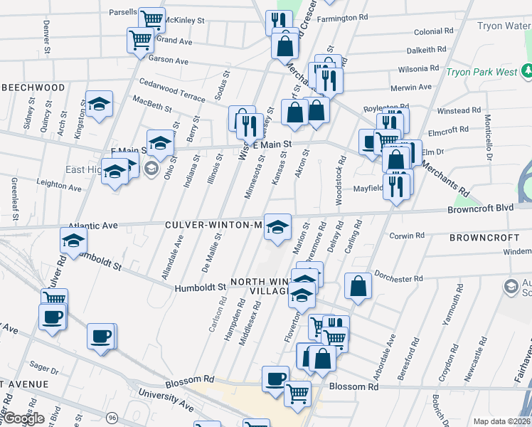 map of restaurants, bars, coffee shops, grocery stores, and more near 1015 Atlantic Avenue in Rochester