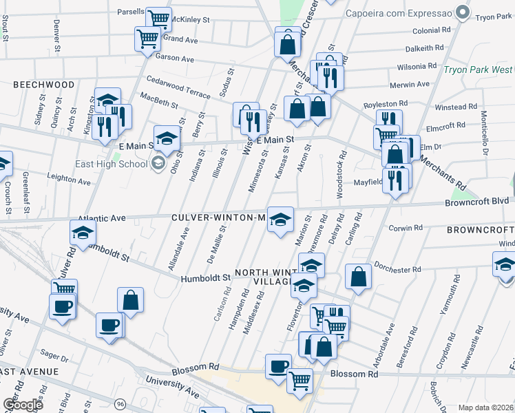 map of restaurants, bars, coffee shops, grocery stores, and more near 965 Atlantic Avenue in Rochester