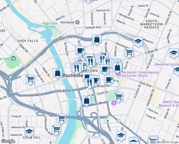 map of restaurants, bars, coffee shops, grocery stores, and more near 60 South Clinton Avenue in Rochester