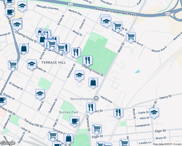 map of restaurants, bars, coffee shops, grocery stores, and more near 176 Charing Cross Street in Brantford