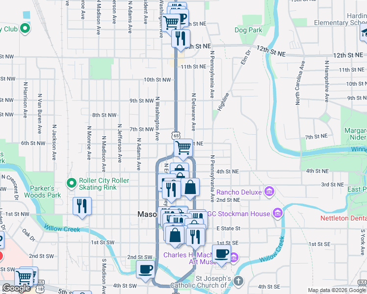 map of restaurants, bars, coffee shops, grocery stores, and more near 401-485 N Federal Ave in Mason City