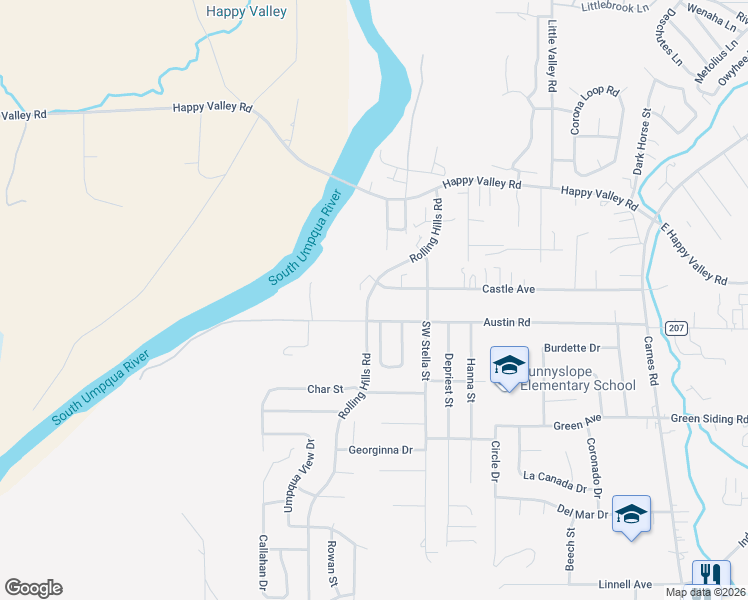 map of restaurants, bars, coffee shops, grocery stores, and more near 1610 Rolling Hills Road in Roseburg