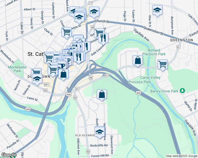 map of restaurants, bars, coffee shops, grocery stores, and more near Westchester Avenue in Saint Catharines