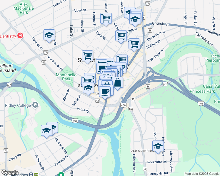 map of restaurants, bars, coffee shops, grocery stores, and more near 108 Saint Paul Street in St. Catharines