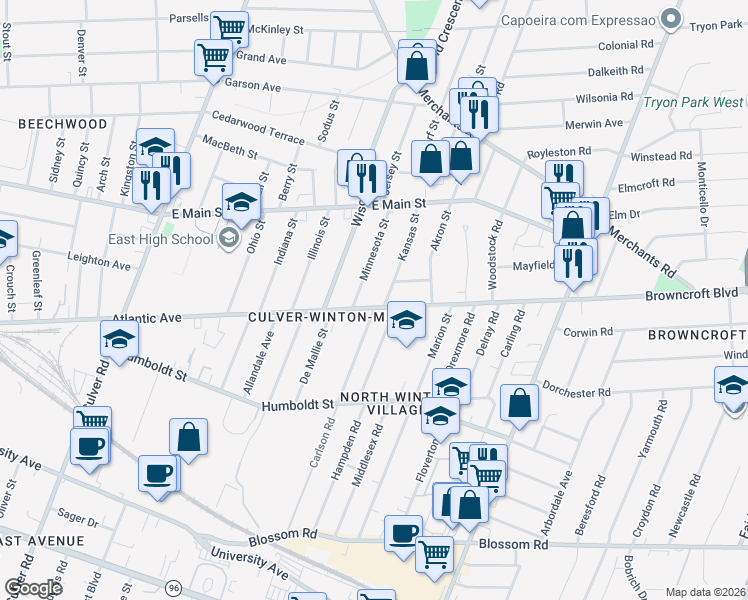 map of restaurants, bars, coffee shops, grocery stores, and more near 965 Atlantic Avenue in Rochester