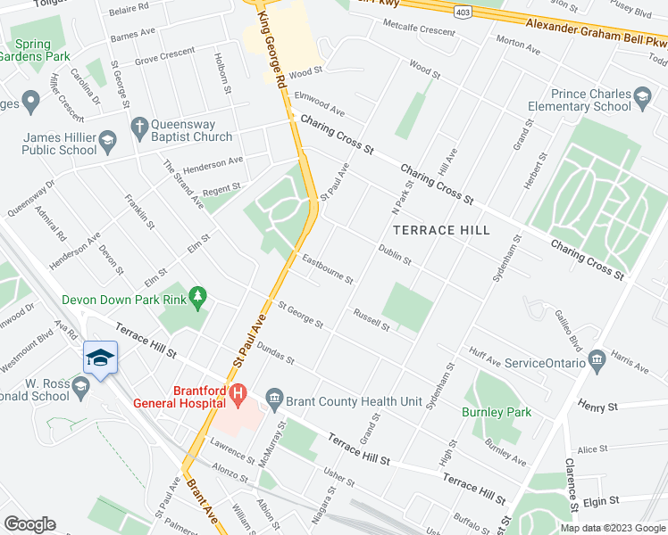 map of restaurants, bars, coffee shops, grocery stores, and more near 17 Eastbourne Street in Brantford