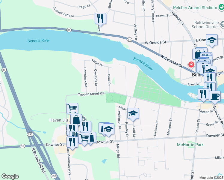 map of restaurants, bars, coffee shops, grocery stores, and more near 101 Tappan Street in Baldwinsville