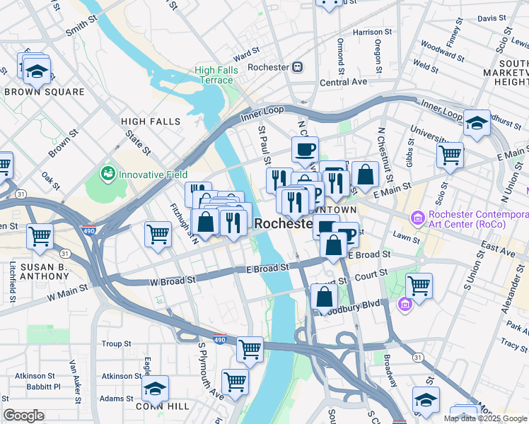 map of restaurants, bars, coffee shops, grocery stores, and more near 100 East Main Street in Rochester