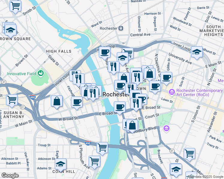 map of restaurants, bars, coffee shops, grocery stores, and more near 124 East Main Street in Rochester