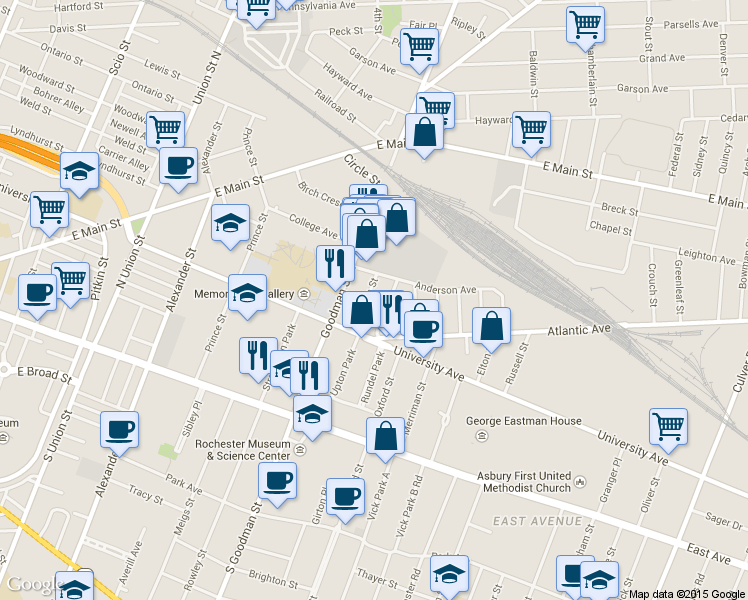map of restaurants, bars, coffee shops, grocery stores, and more near 25 Beacon Street in Rochester