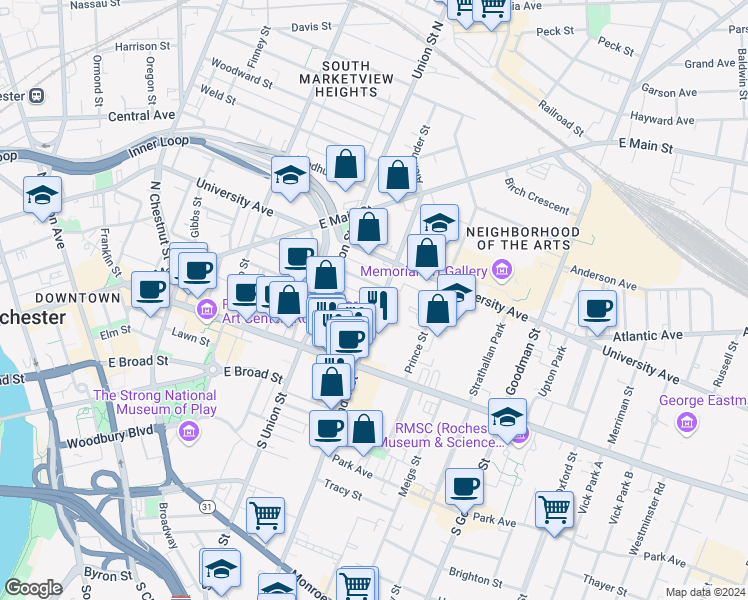 map of restaurants, bars, coffee shops, grocery stores, and more near 207 Charlotte Street in Rochester
