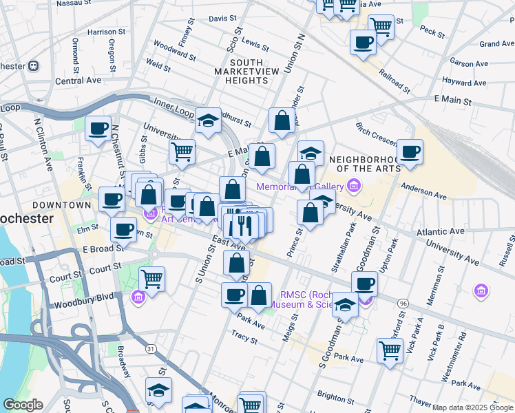 map of restaurants, bars, coffee shops, grocery stores, and more near 207 Charlotte Street in Rochester