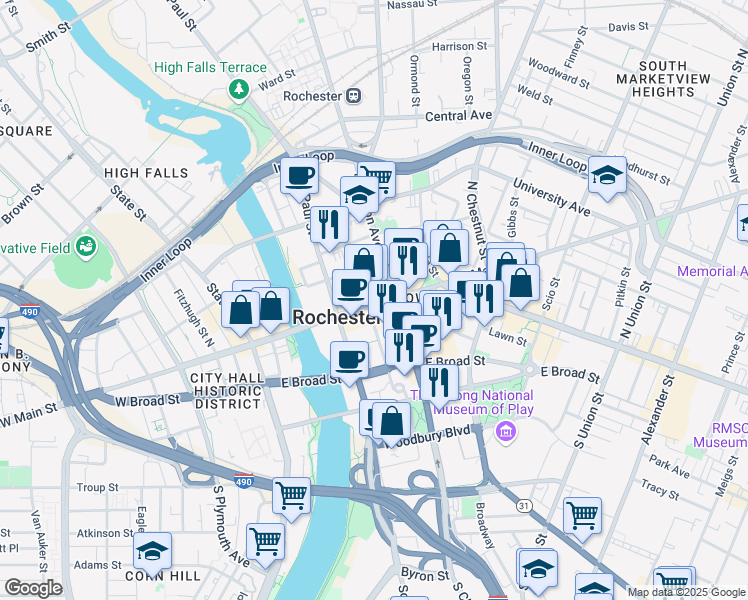map of restaurants, bars, coffee shops, grocery stores, and more near in Rochester