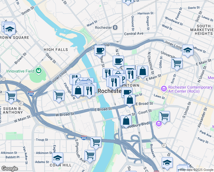 map of restaurants, bars, coffee shops, grocery stores, and more near 100 East Main Street in Rochester