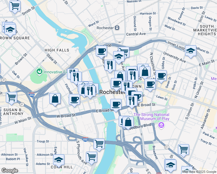 map of restaurants, bars, coffee shops, grocery stores, and more near 124 East Main Street in Rochester