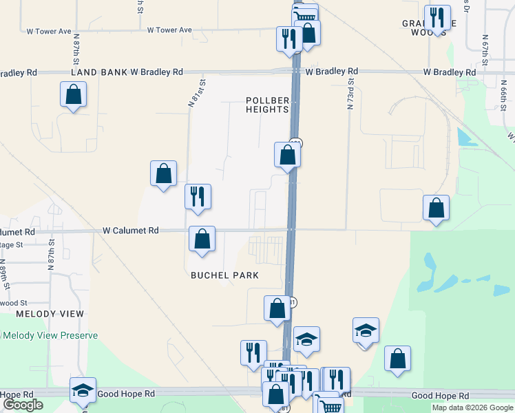 map of restaurants, bars, coffee shops, grocery stores, and more near 7624 North 78th Street in Milwaukee