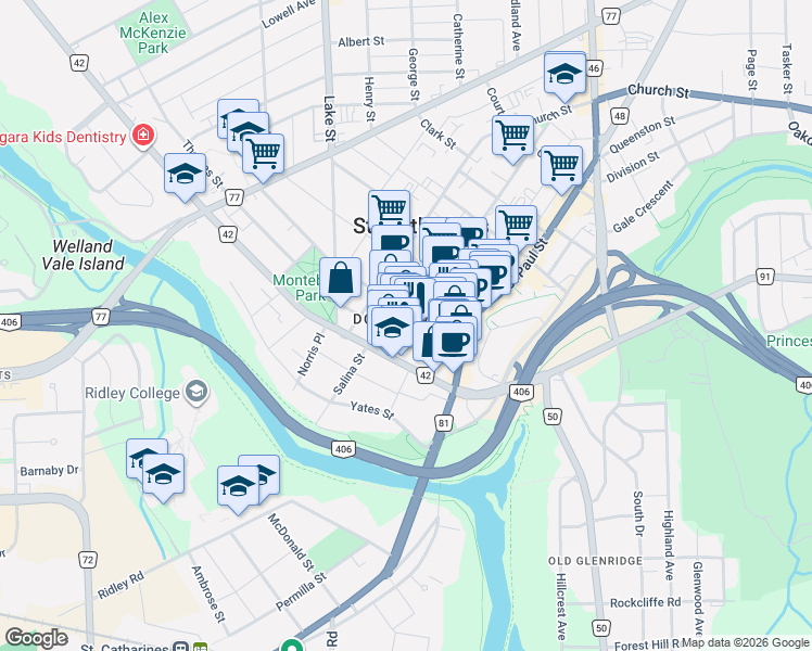 map of restaurants, bars, coffee shops, grocery stores, and more near 21A King Street in St. Catharines
