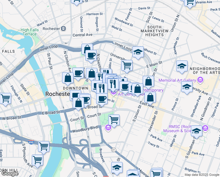 map of restaurants, bars, coffee shops, grocery stores, and more near 123 East Avenue in Rochester