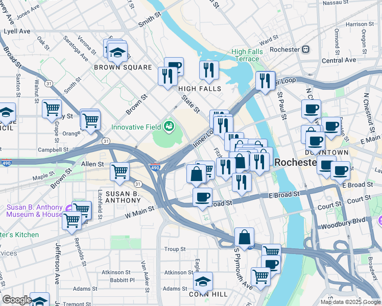 map of restaurants, bars, coffee shops, grocery stores, and more near 159 Scott Alley in Rochester