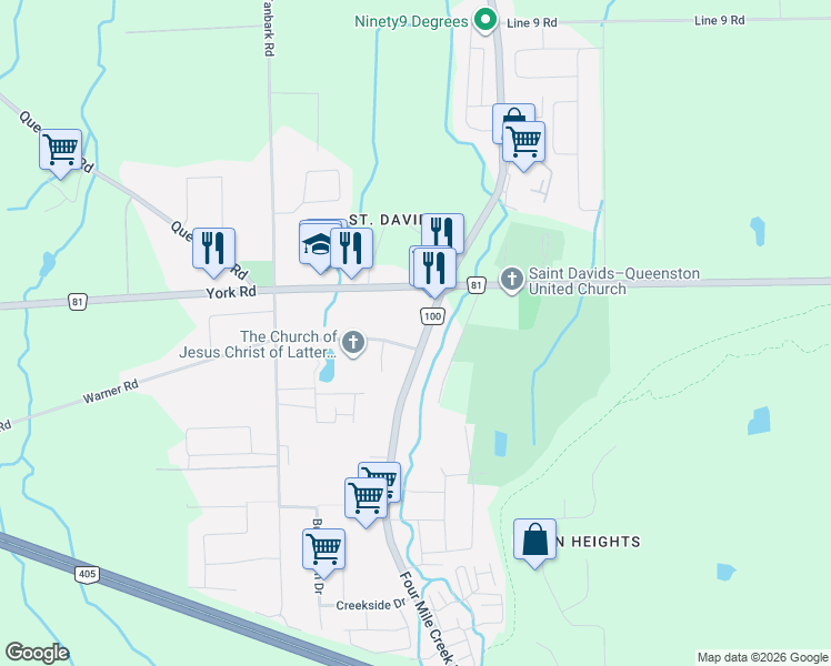 map of restaurants, bars, coffee shops, grocery stores, and more near 215 Regional Road 100 in Niagara-on-the-Lake
