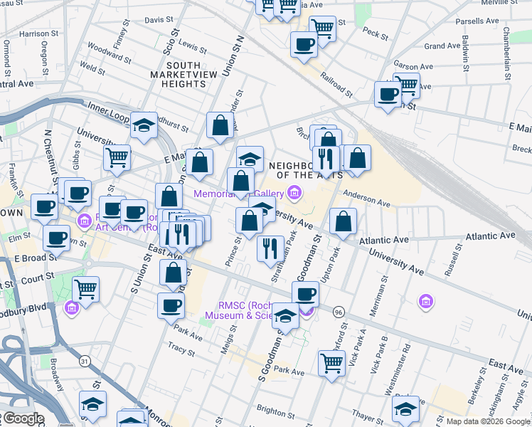 map of restaurants, bars, coffee shops, grocery stores, and more near 10 Prince Street in Rochester
