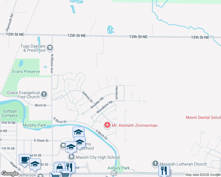 map of restaurants, bars, coffee shops, grocery stores, and more near Hemlock in Mason City