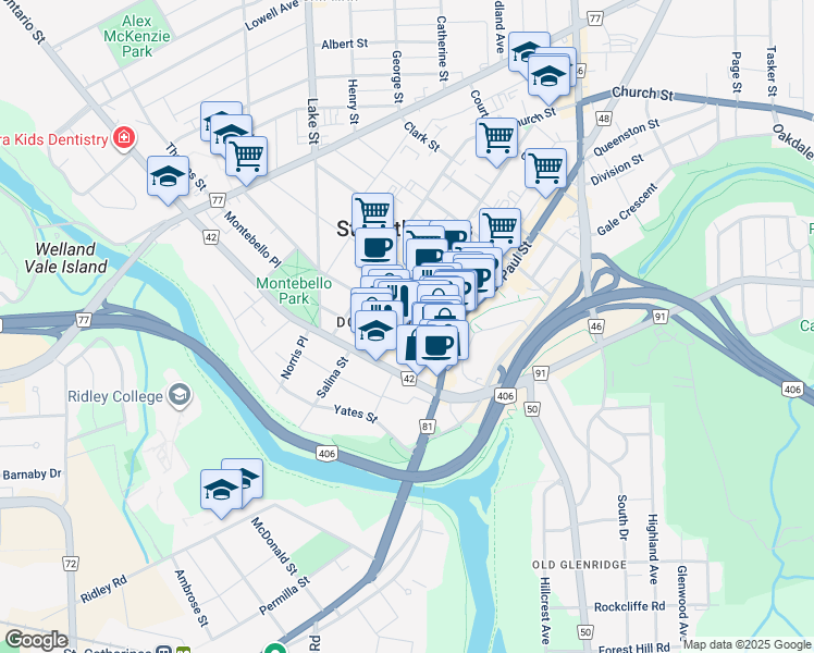 map of restaurants, bars, coffee shops, grocery stores, and more near 27 Queen Street in St. Catharines