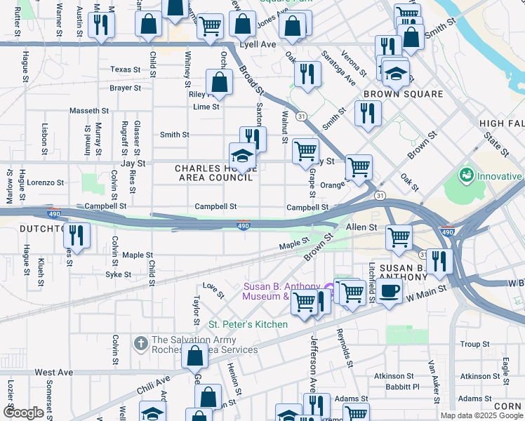 map of restaurants, bars, coffee shops, grocery stores, and more near 177 Campbell Street in Rochester