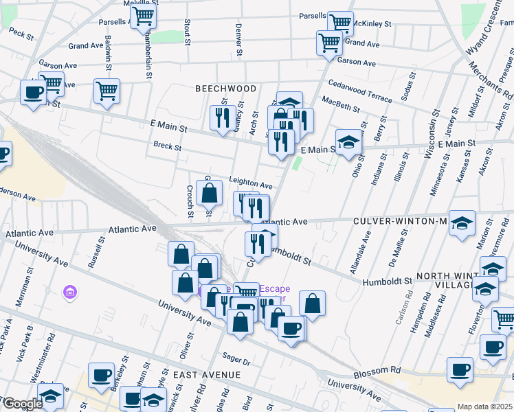 map of restaurants, bars, coffee shops, grocery stores, and more near 647 Culver Road in Rochester