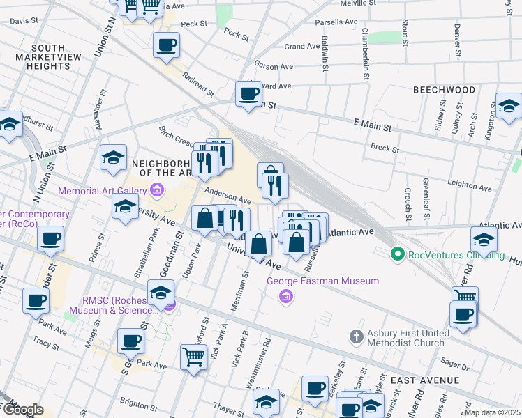 map of restaurants, bars, coffee shops, grocery stores, and more near 5 Fairmount Street in Rochester