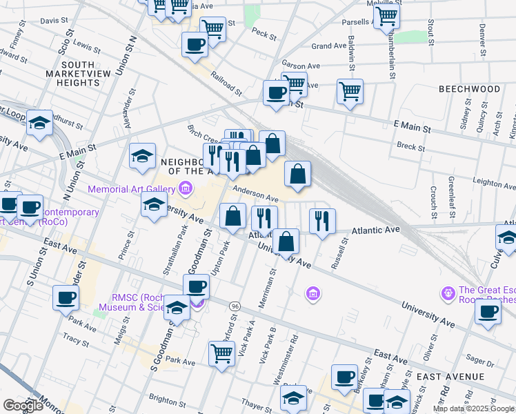 map of restaurants, bars, coffee shops, grocery stores, and more near 21 Delaware Street in Rochester