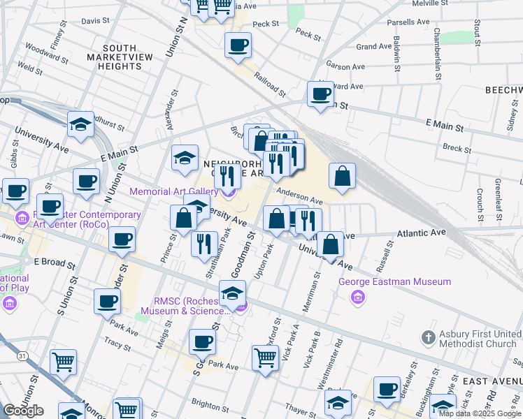 map of restaurants, bars, coffee shops, grocery stores, and more near 160 North Goodman Street in Rochester