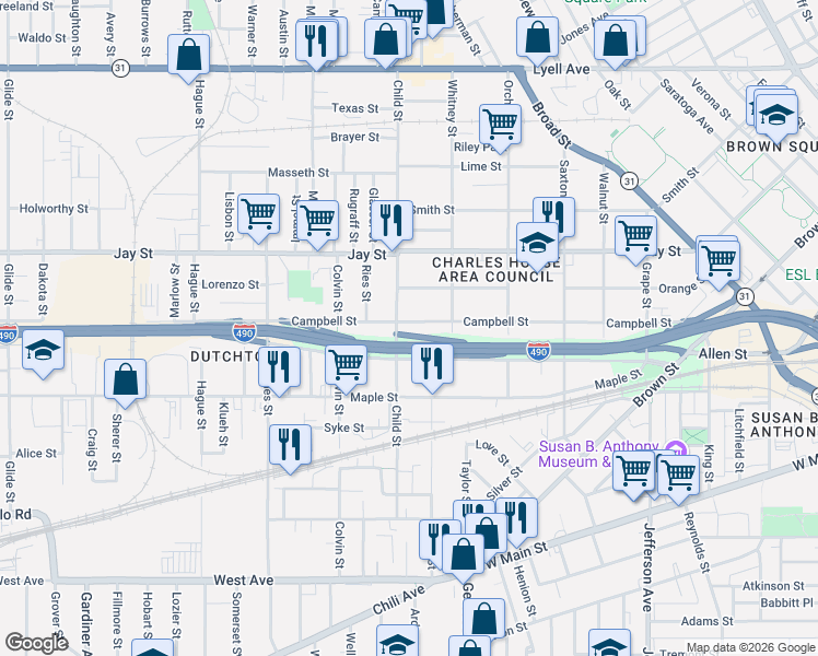 map of restaurants, bars, coffee shops, grocery stores, and more near 365 Wilder Street in Rochester