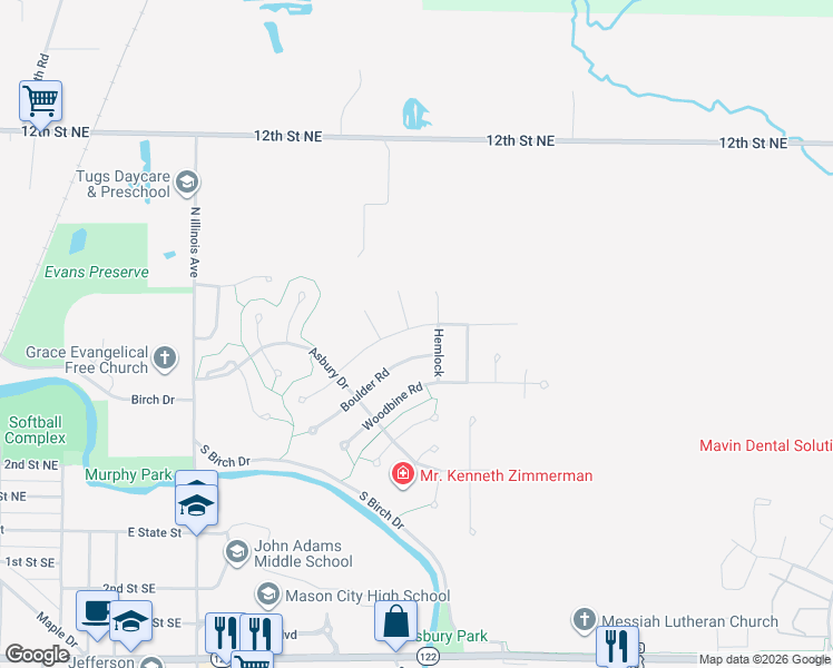 map of restaurants, bars, coffee shops, grocery stores, and more near Hemlock in Mason City