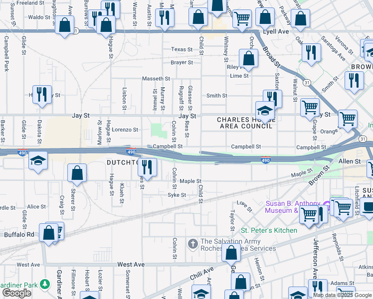 map of restaurants, bars, coffee shops, grocery stores, and more near 449 Campbell Street in Rochester