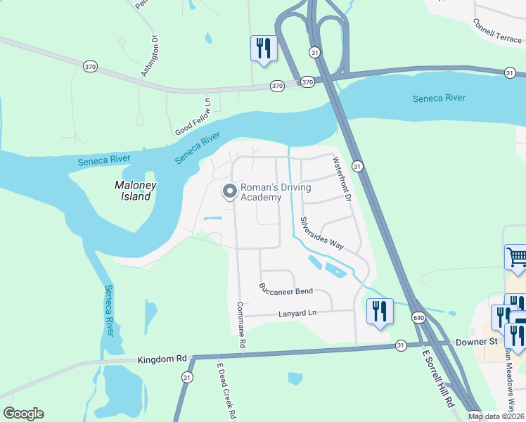 map of restaurants, bars, coffee shops, grocery stores, and more near 5 Commodore Circle in Baldwinsville