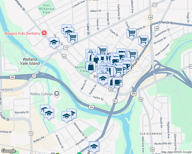 map of restaurants, bars, coffee shops, grocery stores, and more near 6 Church Street in St. Catharines
