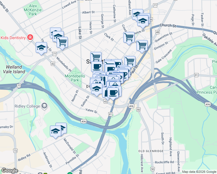 map of restaurants, bars, coffee shops, grocery stores, and more near 27 Queen Street in St. Catharines