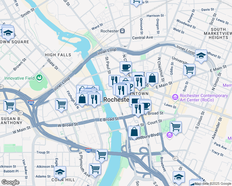 map of restaurants, bars, coffee shops, grocery stores, and more near 26 Saint Paul Street in Rochester